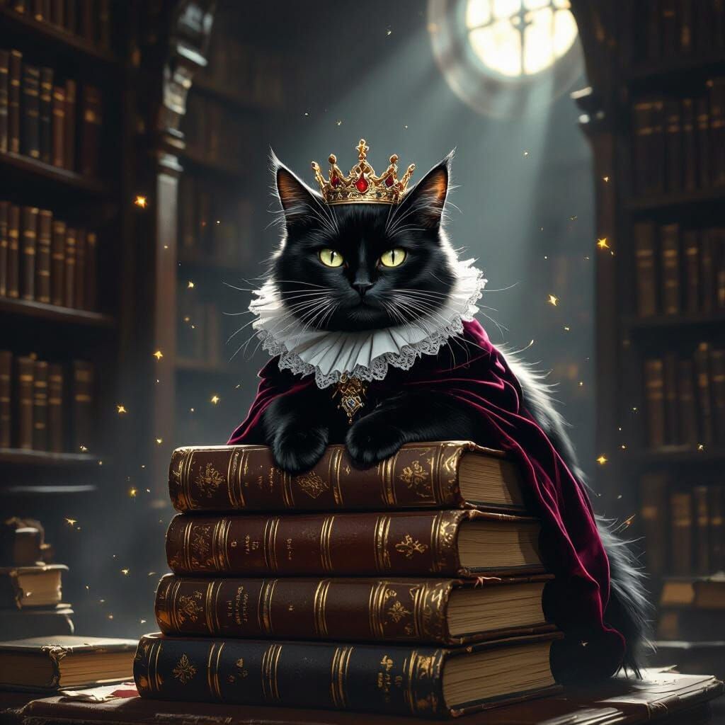 Regal Gothic Cat in Ancient Library, Old Master Style
