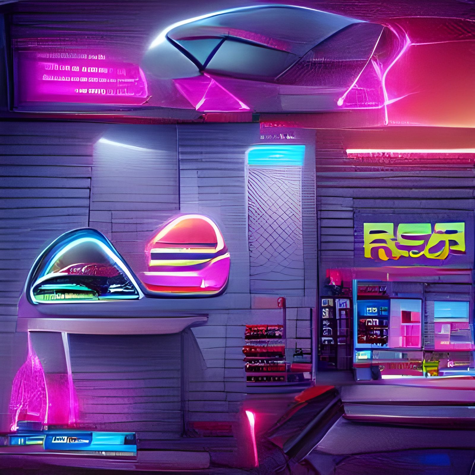 Futuristic Neon Burger Shop in Synthwave Style