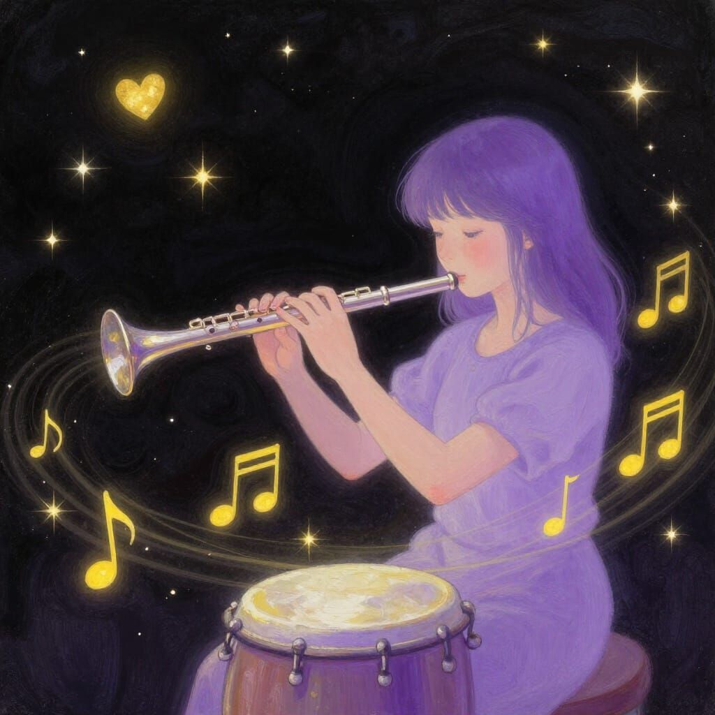 Musical Notes Swirl Around Instruments in Starry Sky