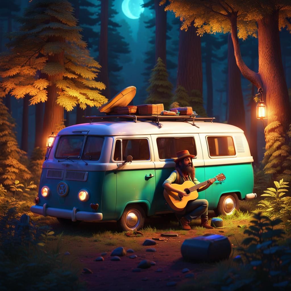Hippie Plays Guitar in Woods: Pixar-Style 3D Art