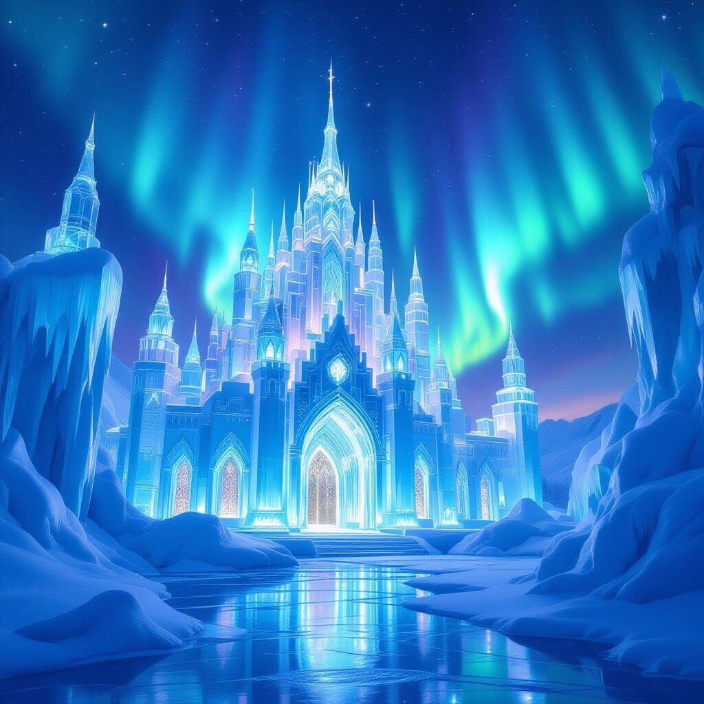 Intricate Ice Palace Under Aurora Lights, Fantasy Masterpiec...