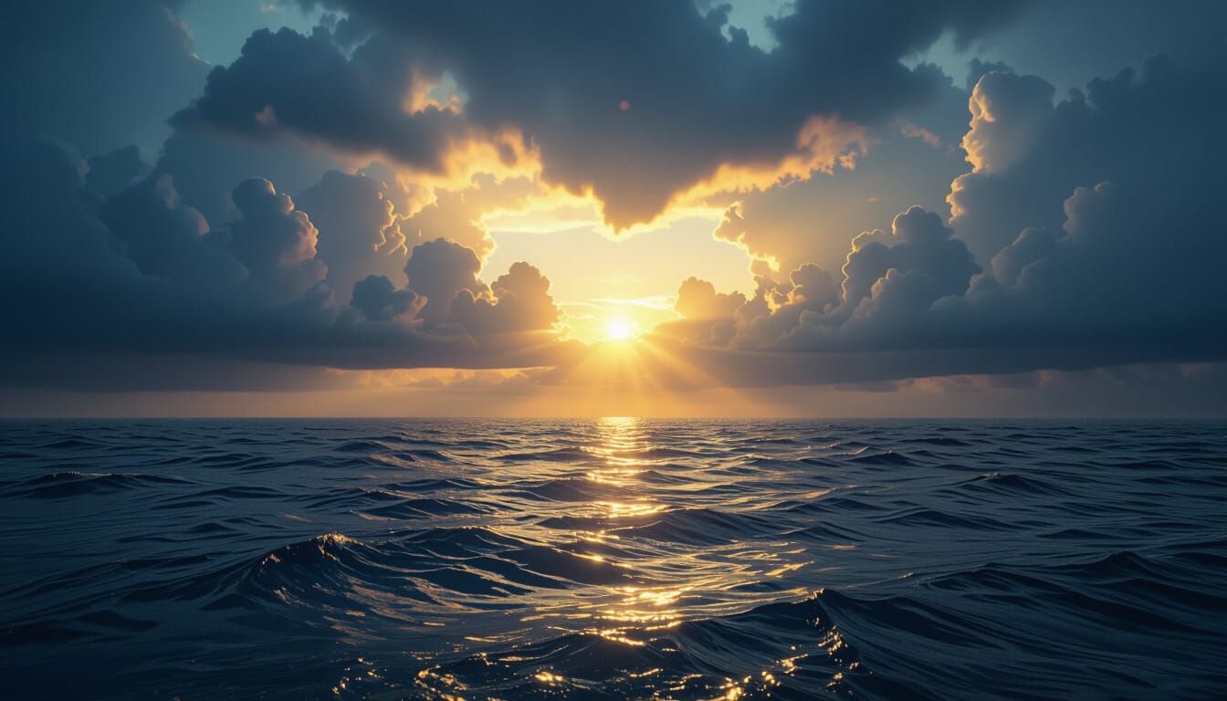 Panoramic Ocean View: Sunbeam Through Storm Clouds