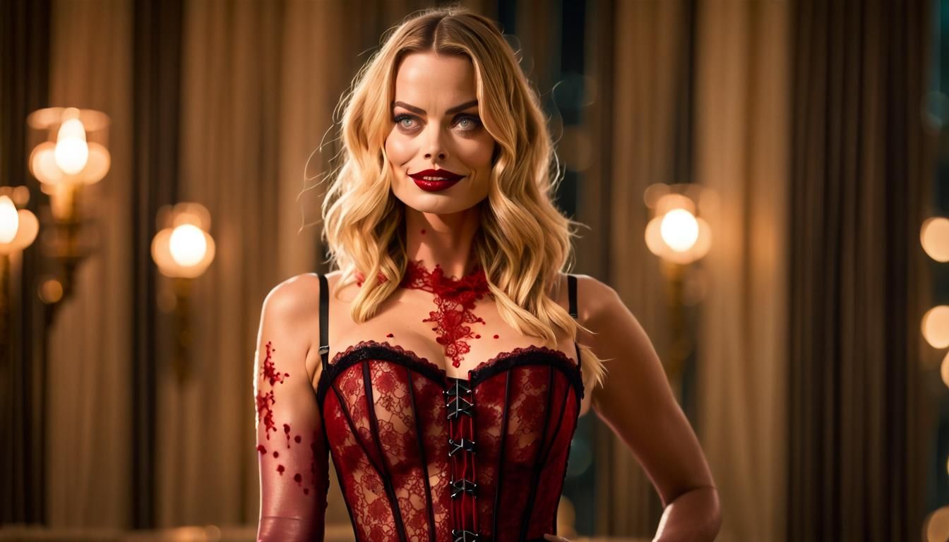 Margot Robbie Dressed in a corset, bloodied and bruised