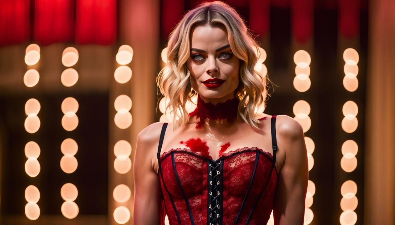 Margot Robbie Dressed in a corset, bloodied and bruised