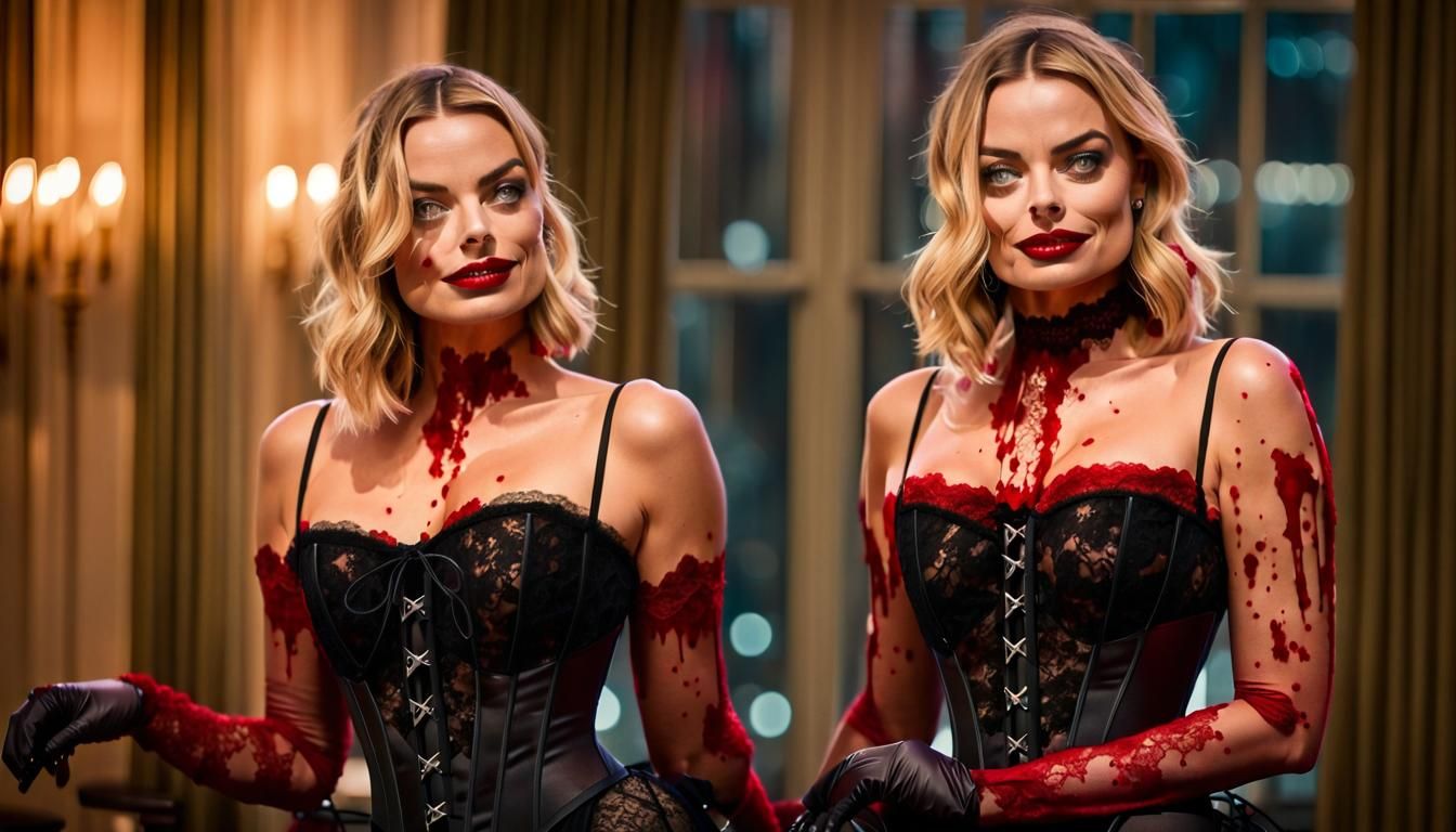 Margot Robbie Dressed in a corset, bloodied and bruised  split screen or twins?
