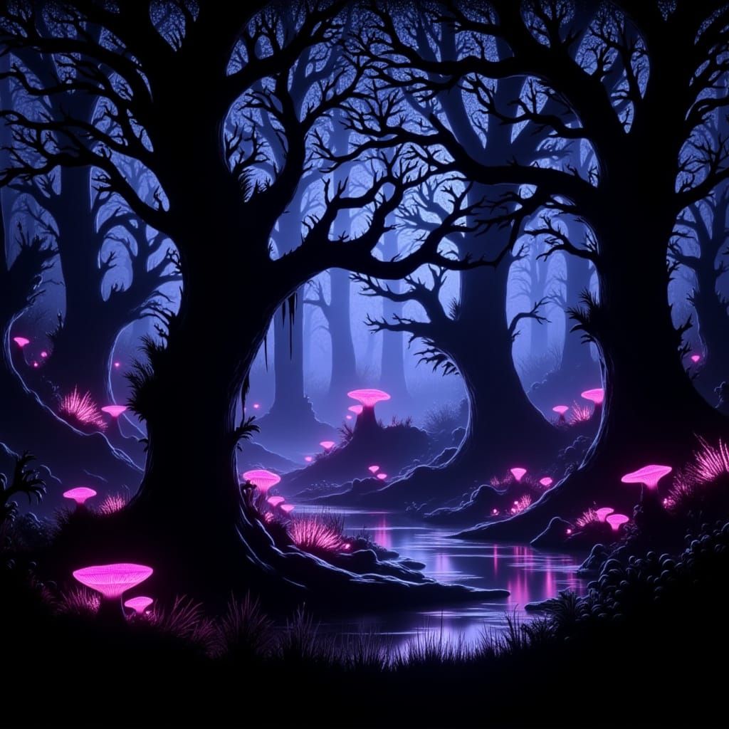 Neon Bioluminescent Forest Inspired by Syd Mead