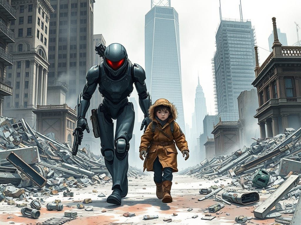 Cyborg Hunter Patrols Ravaged Metropolis in Vintage Ink Styl...