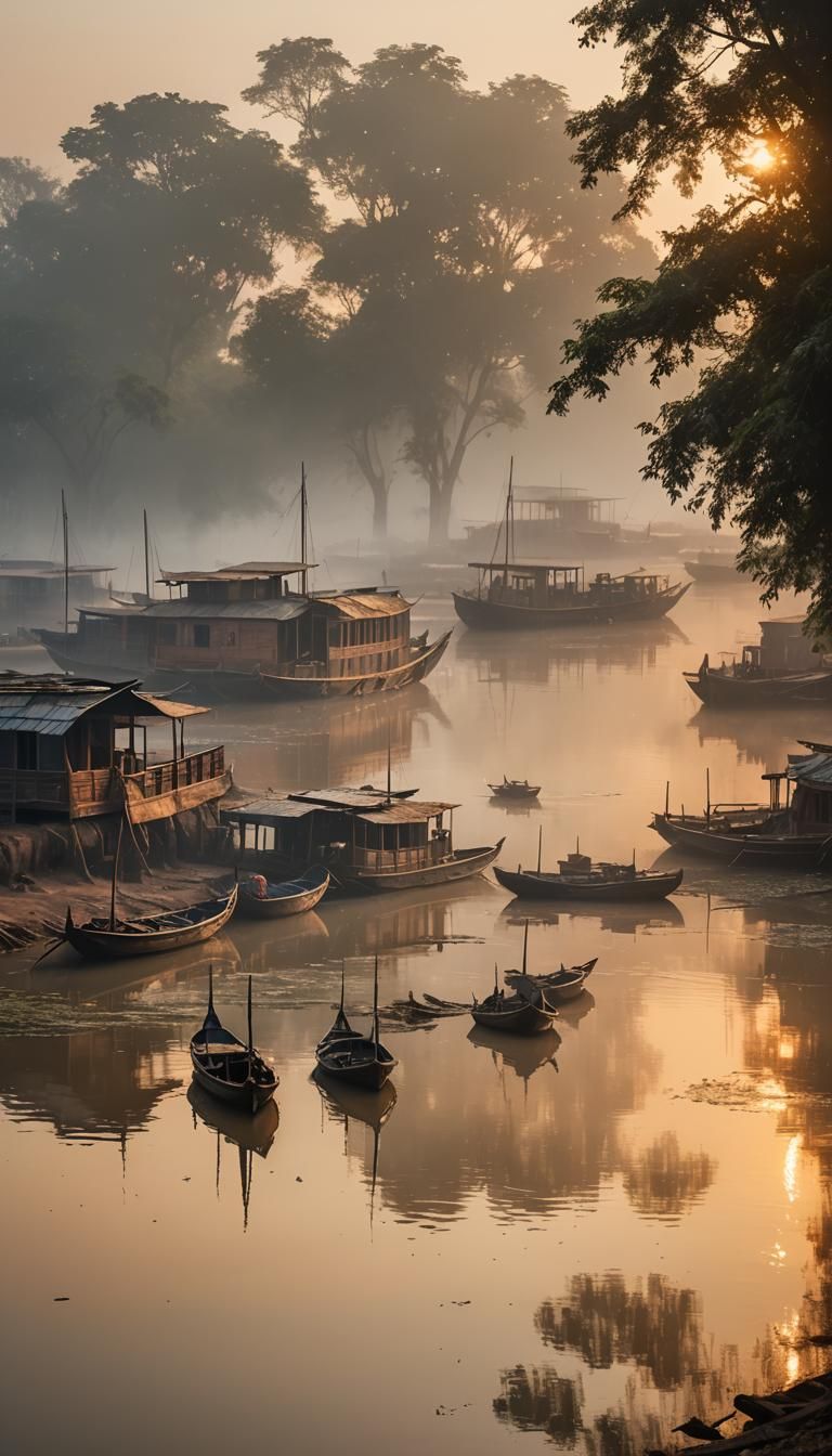 Kampar Riverboats at Dawn in Impressionist Style