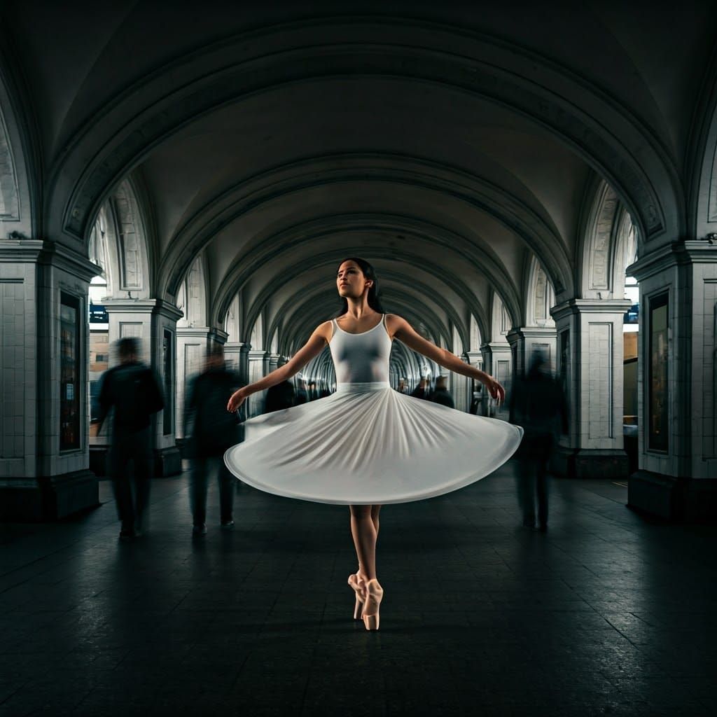 Elegant Dancer Surrounded by City Chaos in Dramatic Lighting