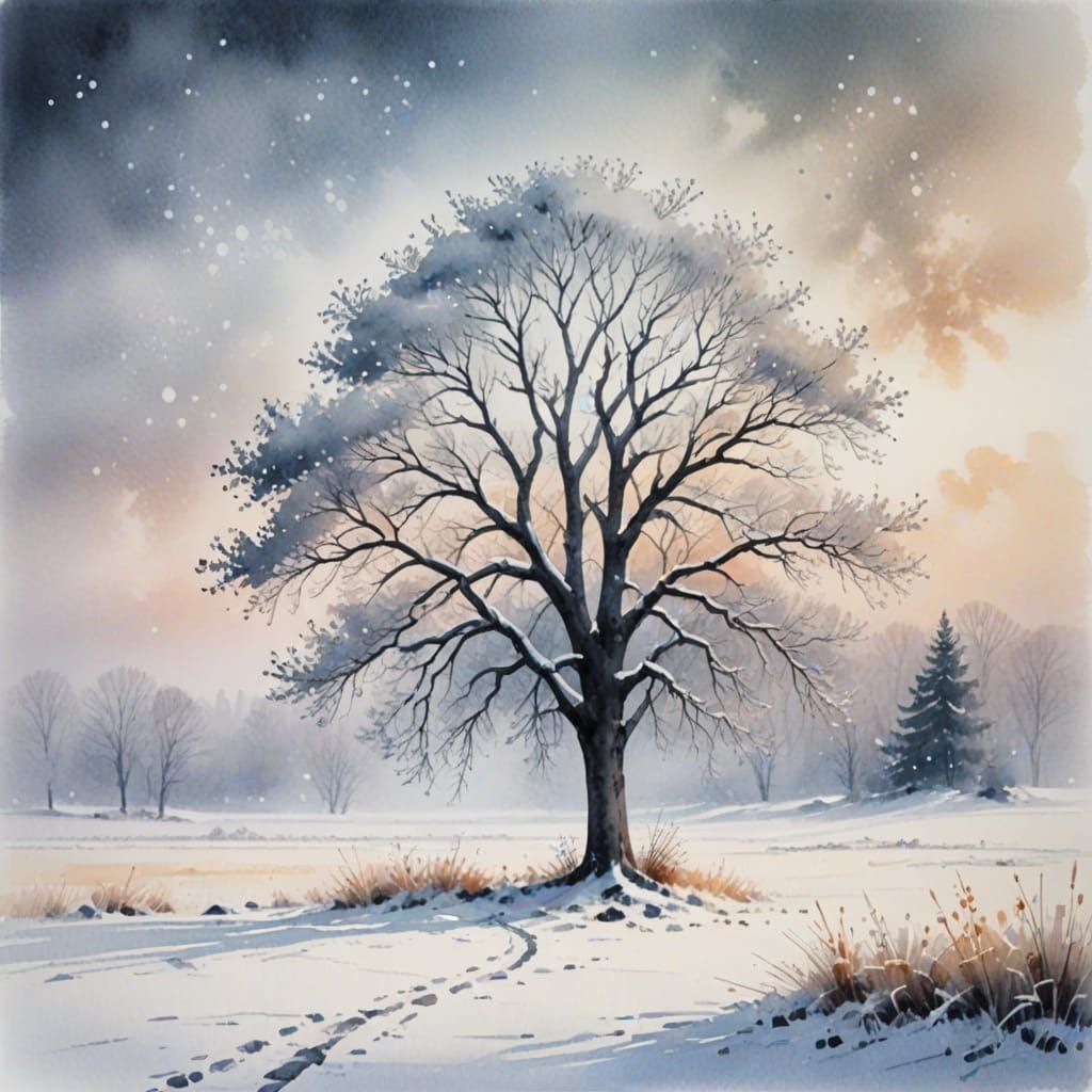 Winter Tree in Watercolor Landscape