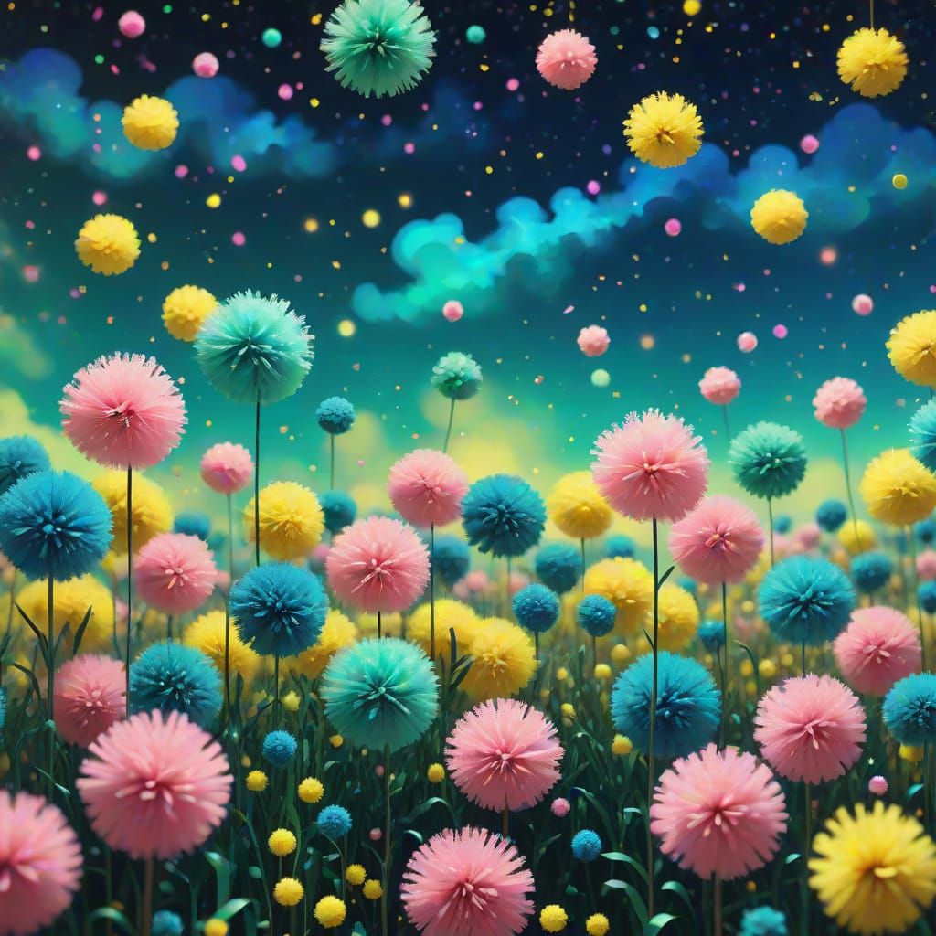 Pom Pom Starry Night: A Whimsical Digital Artscape