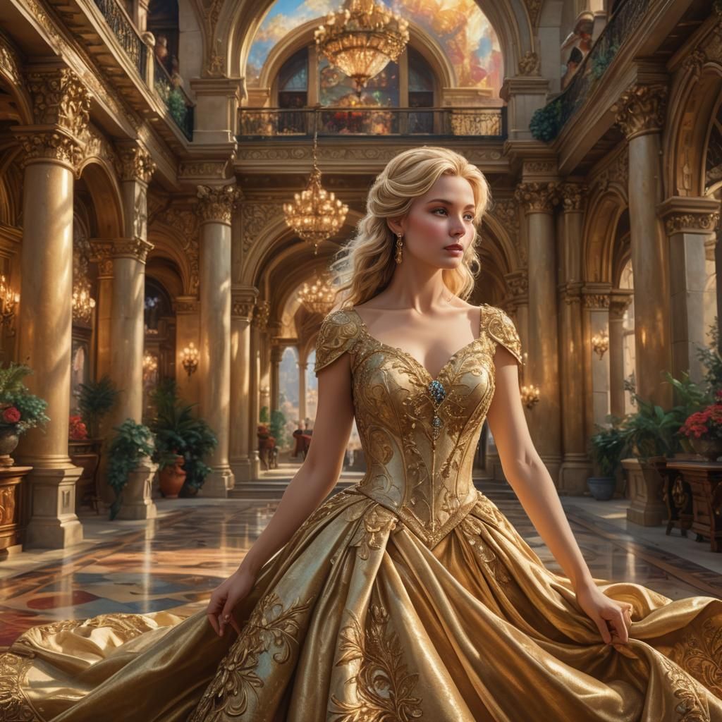 Blonde Woman in Lavish Gown Amid Opulent Architecture