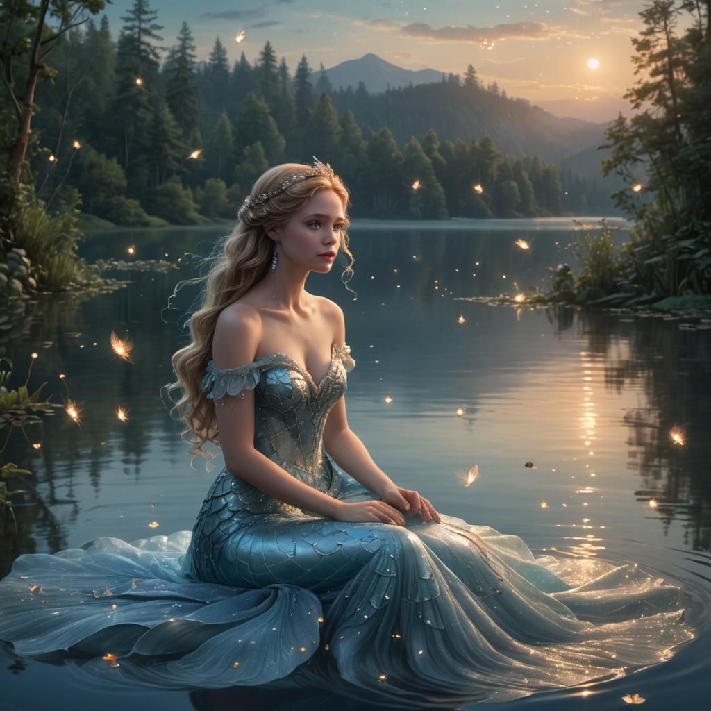 Mermaid Princess at Lake Edge in Fantasy Style