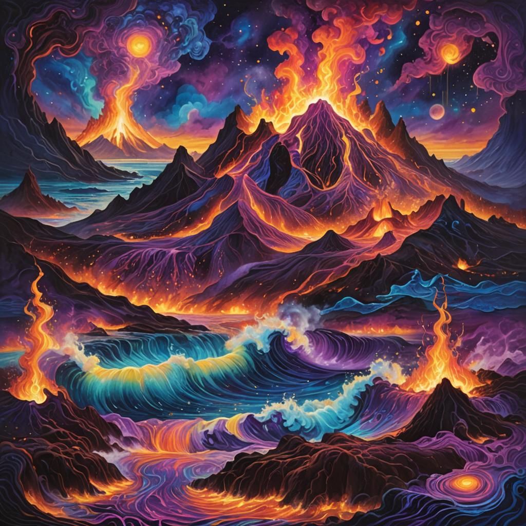 Volcanic Eruption with Astral Aura in Mixed Media Style