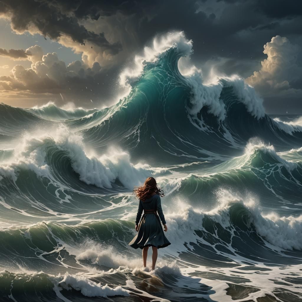 Girl in Sea Storm: Detailed Matte Painting
