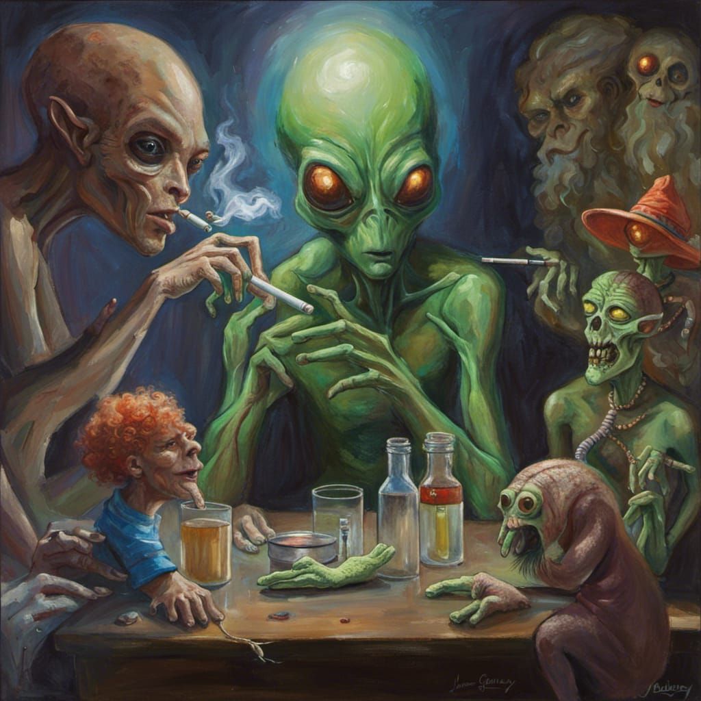 Alien Smoking Weed: Oil Painting in Gurney Style
