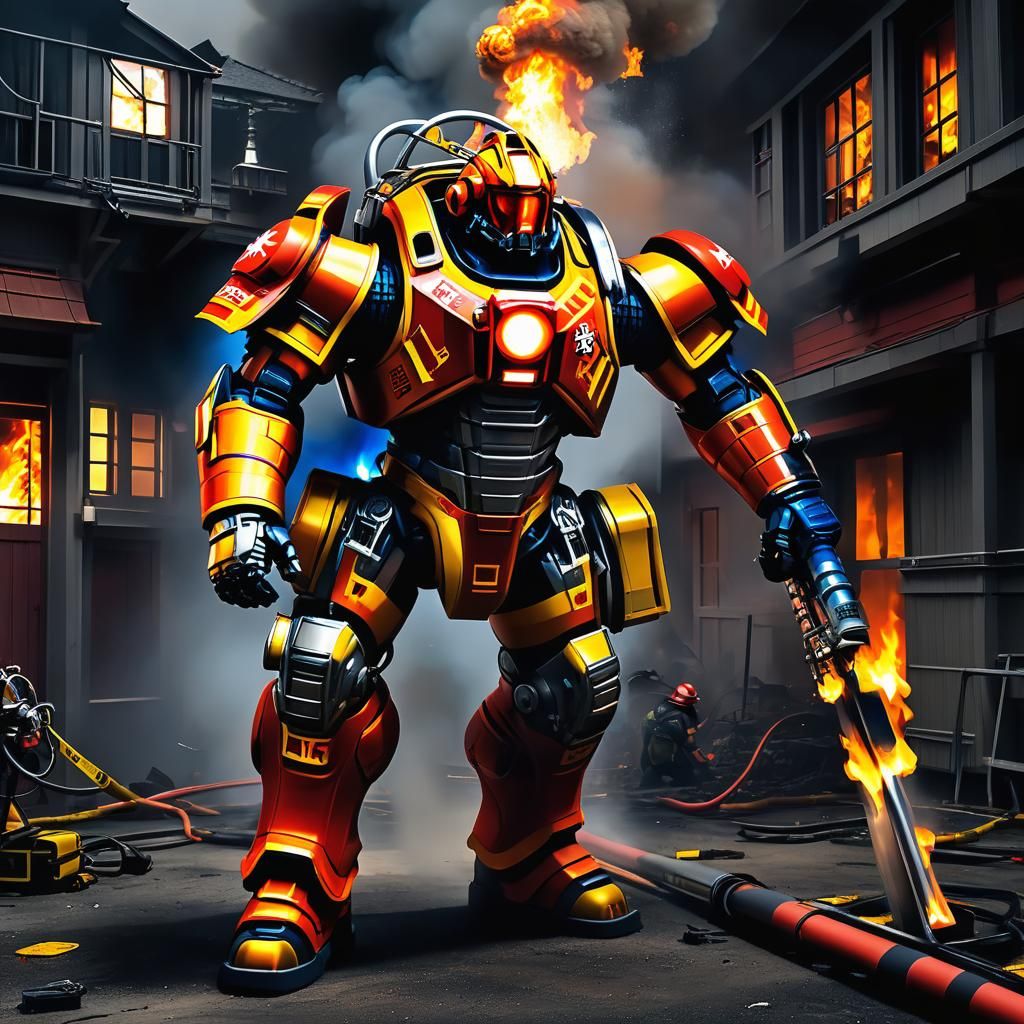 Detailed Mecha Fireman Fighting a Fire