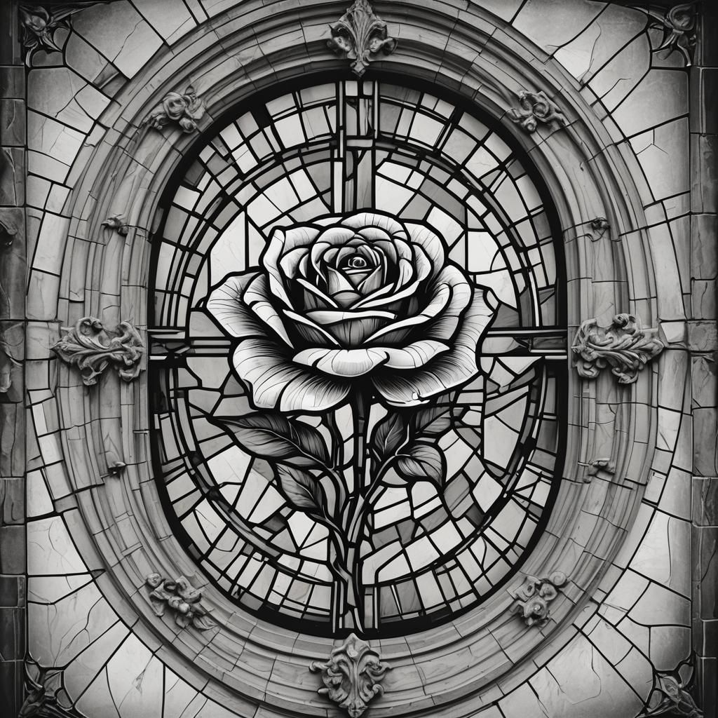 Gothic Window with Wilting Rose in Stained Glass
