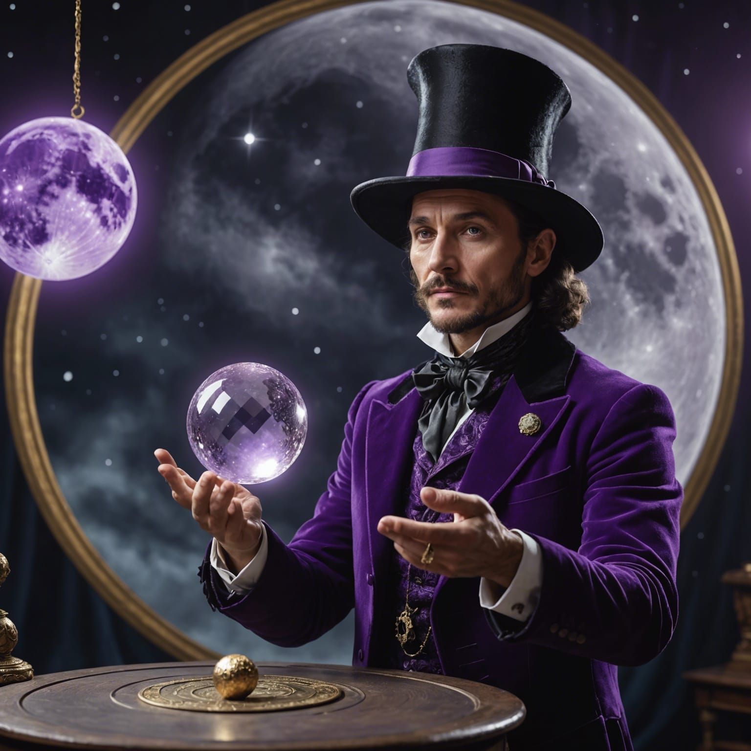 Magician with Cosmic Crystal Ball in Holographic Illustratio...