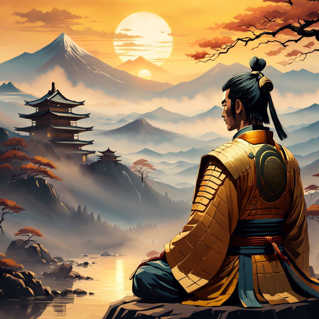 Young Samurai Meditating: Vibrant Oil Painting at Sundown