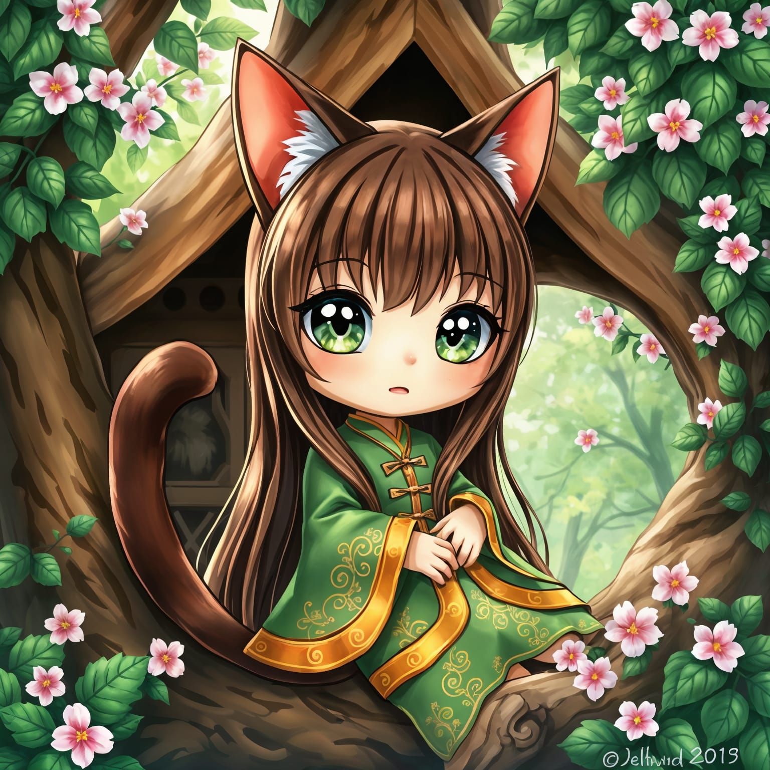 Anime Catgirl Enjoys Treehouse Life in Forest