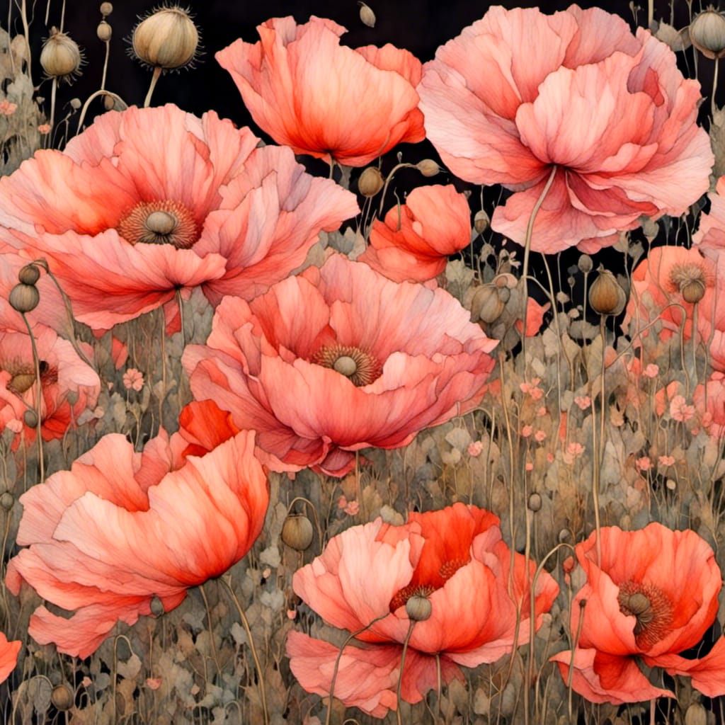 Poppies in Pink Evening Light: Intricate Floral Art