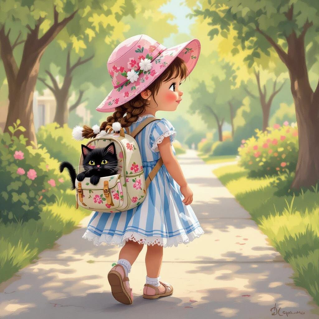 Girl with Kitten in Whimsical Storybook Style