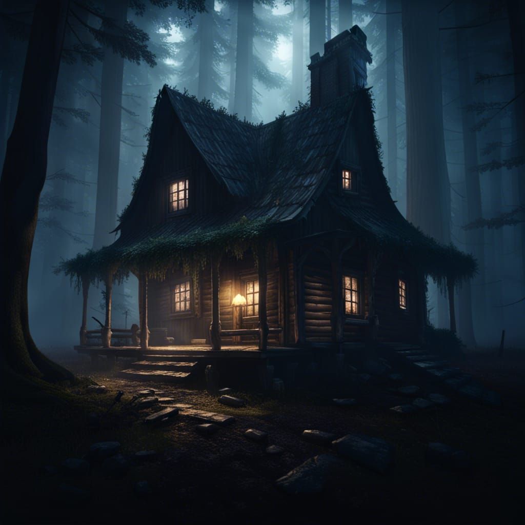 Eerie Cabin in Dark Forest: Fantasy Concept Art