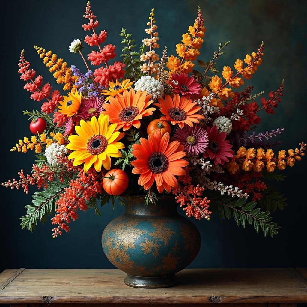 Pointillist Autumn Flowers Bouquet in Hyper-Realism