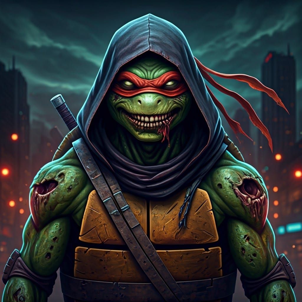 Zombie Ninja Turtle in Ethereal Neon Cityscape