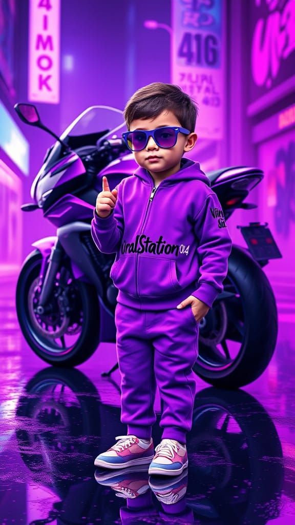 Vibrant Toddler in Futuristic Cityscape, Wearing Purple Trac...