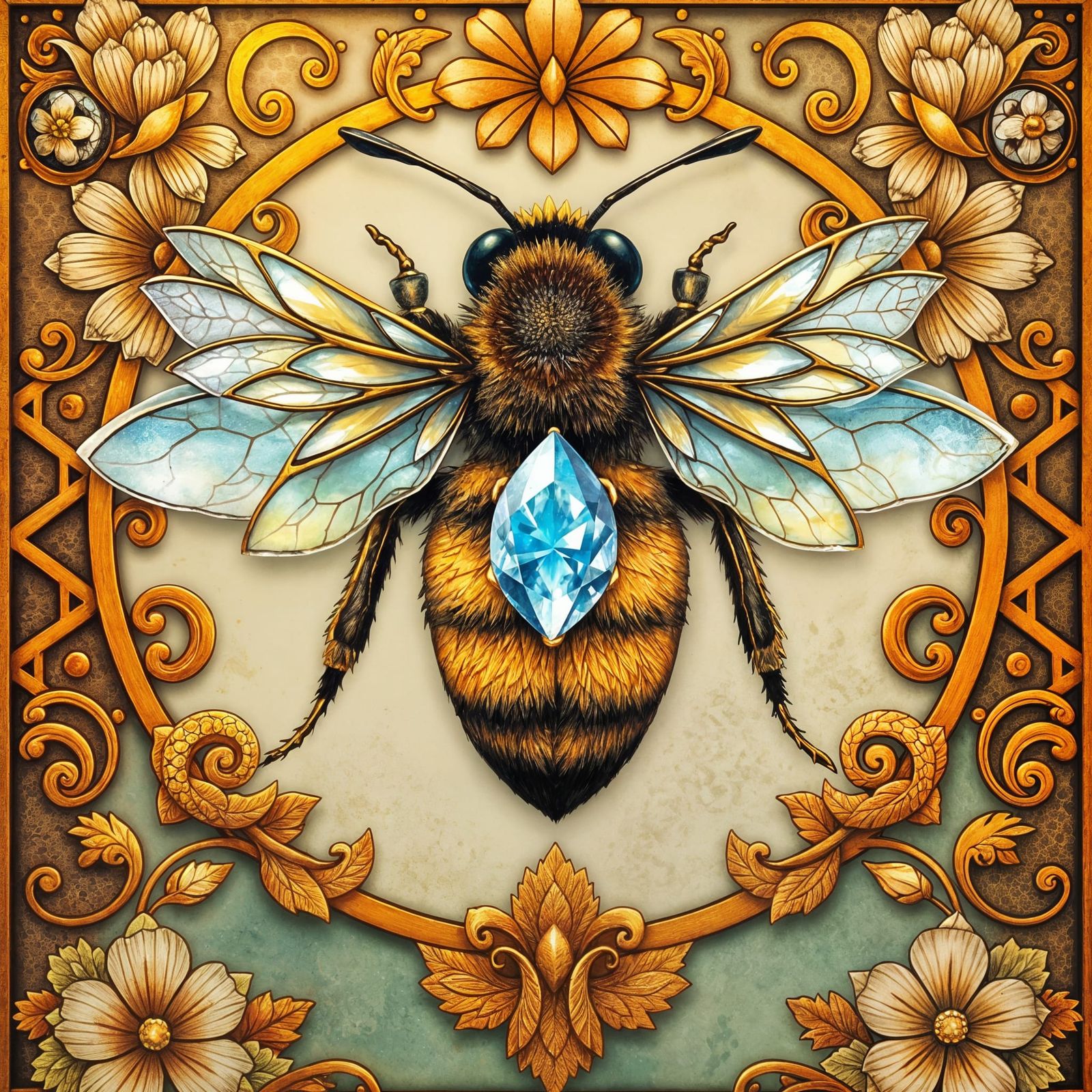 Anime-Style Bee in Art Frame with Golden Honey Combs
