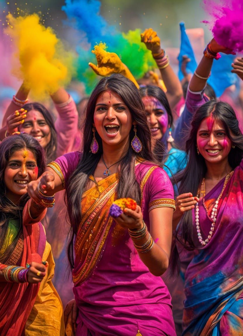 Indian Girls Celebrate Holi Festival in HDR