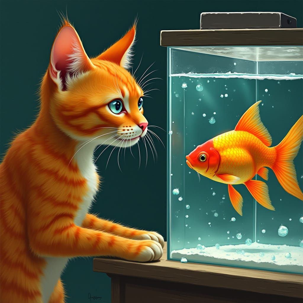 Cat Gazing at Goldfish: Hyper-Realistic Detailed Art