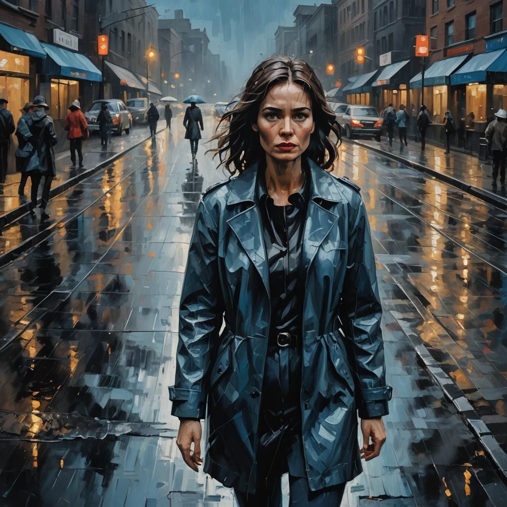 Solitary Woman on Rainy Street, Oil Painting