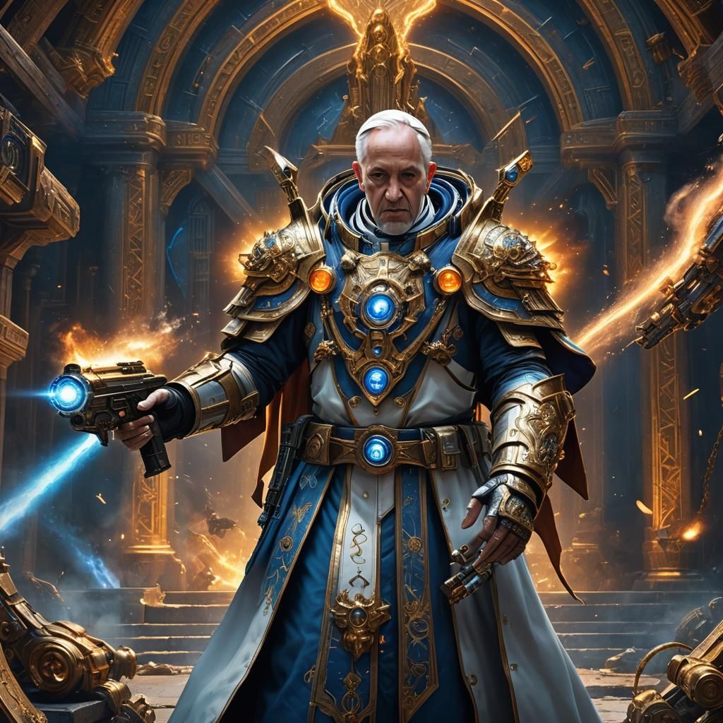 Pope with Futuristic Gun in Sci-Fi Setting