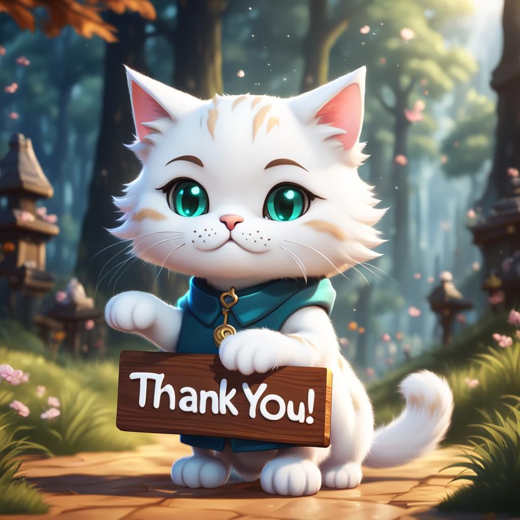 Cute Chibi Cat Holds Thank You Sign