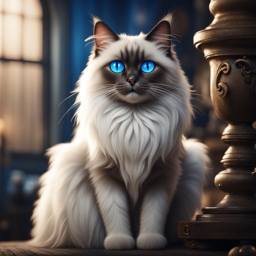 Blue-Eyed Ragdoll Cat: Detailed Digital Painting