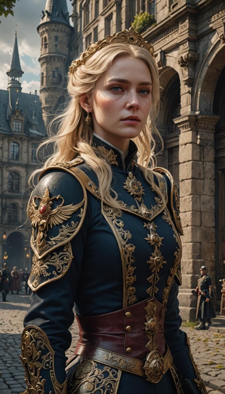 Young Blonde Woman as Prussian General in Detailed Painting