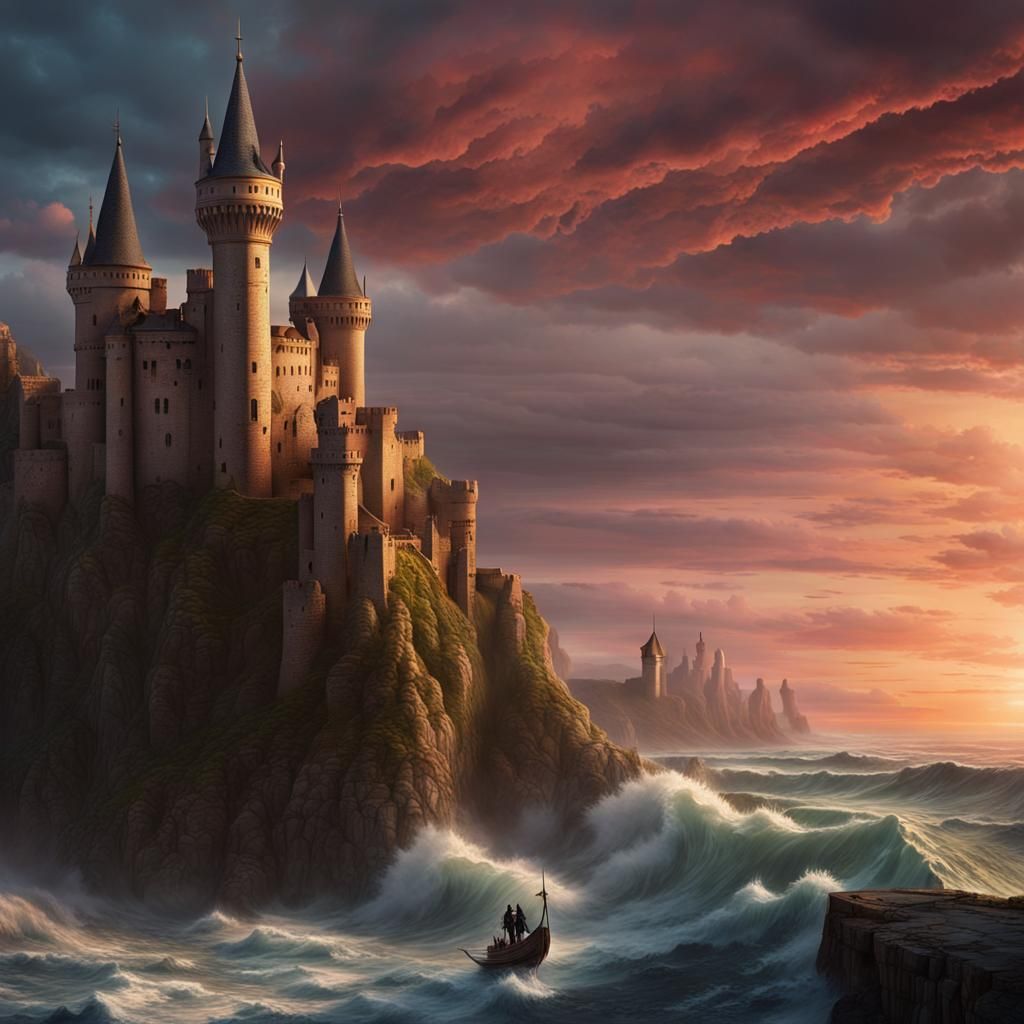 Clifftop Medieval Castle at Sunset: Fantasy Concept Art
