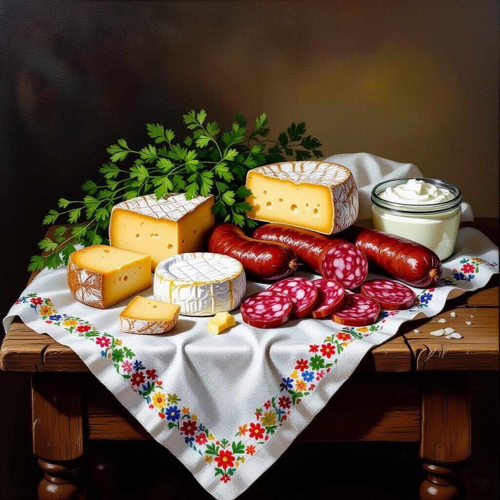 Dutch Still Life: Cheeses and Sausages in Old Master Style