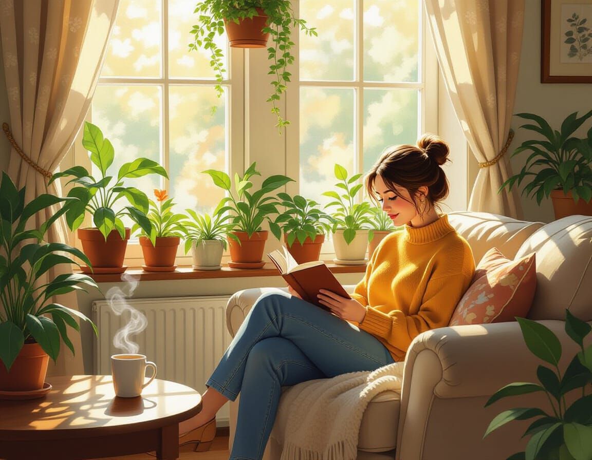 Cozy Sunlit Living Room with Reading Woman in Watercolor Sty...