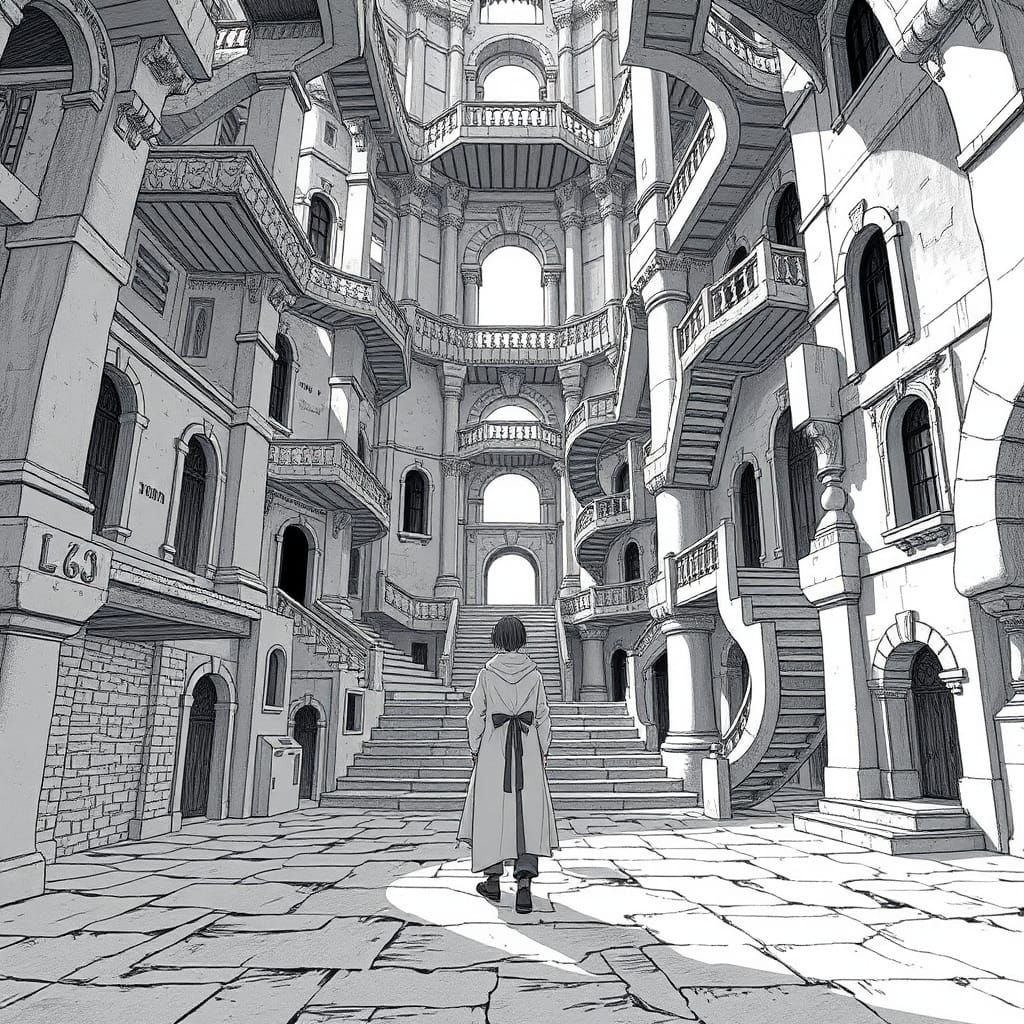 Surreal Labyrinth: Dreamlike Black and White Illustration