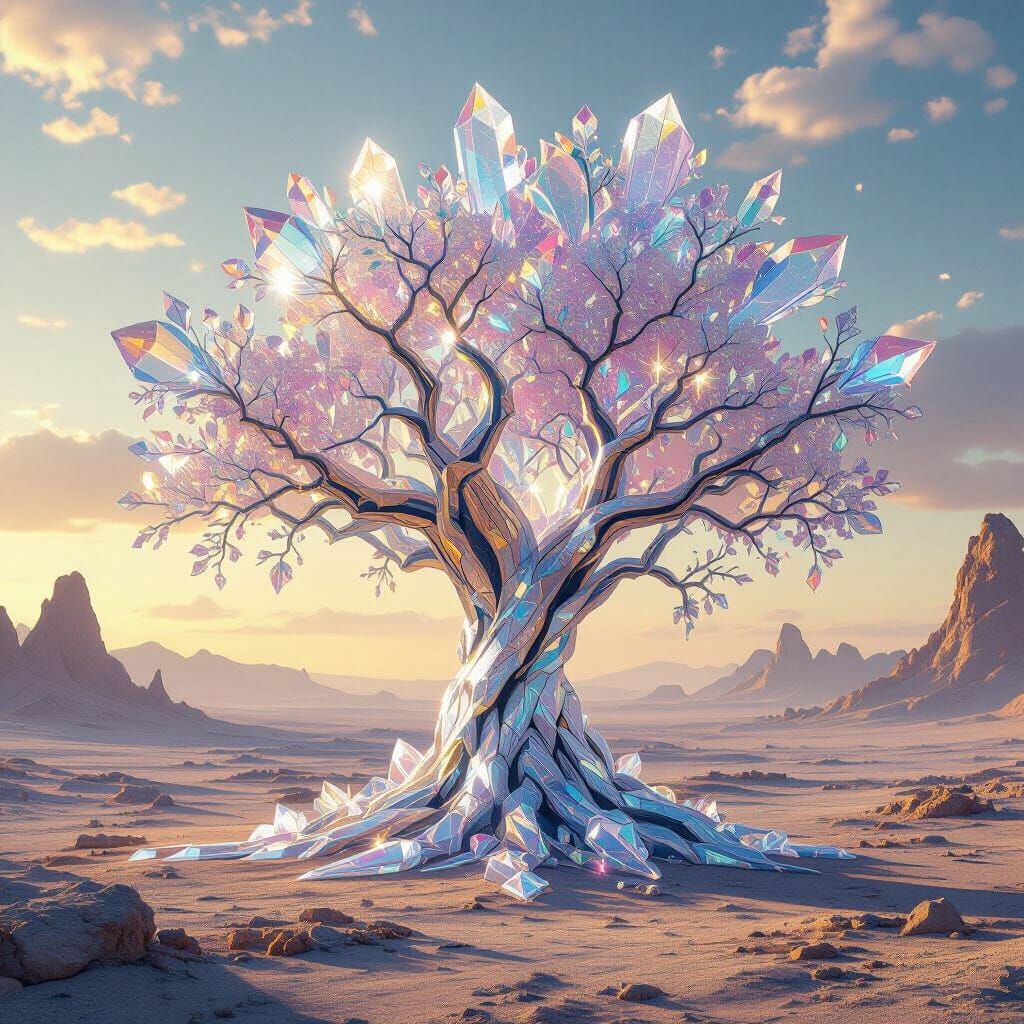 Crystalline Tree in Barren Landscape, Dreamlike Art