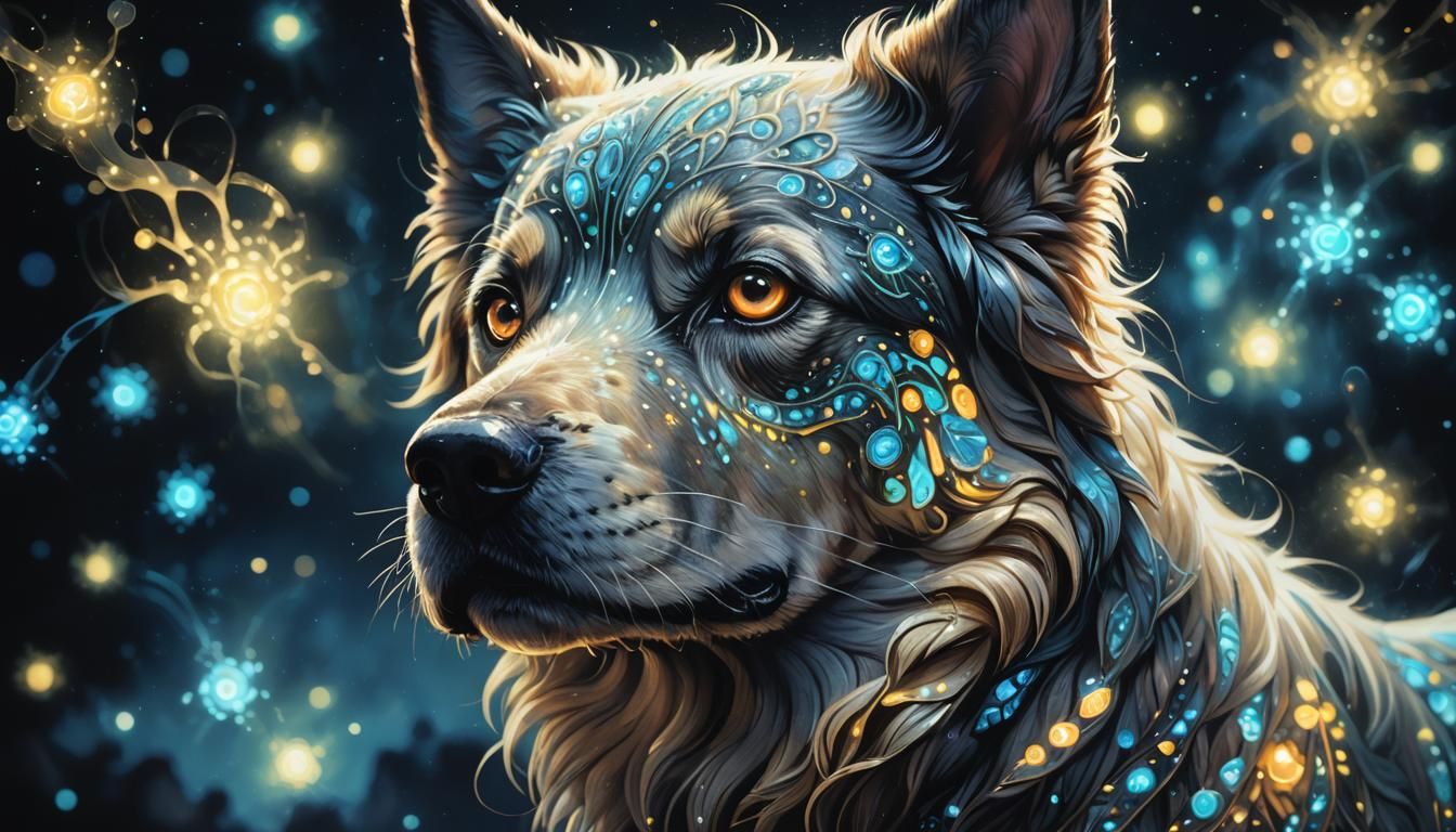 Bioluminescent Fantasy Dog in Ornate Oil Painting