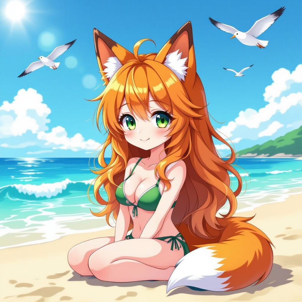 Cute Fox Woman Relaxing by Serene Ocean Waves