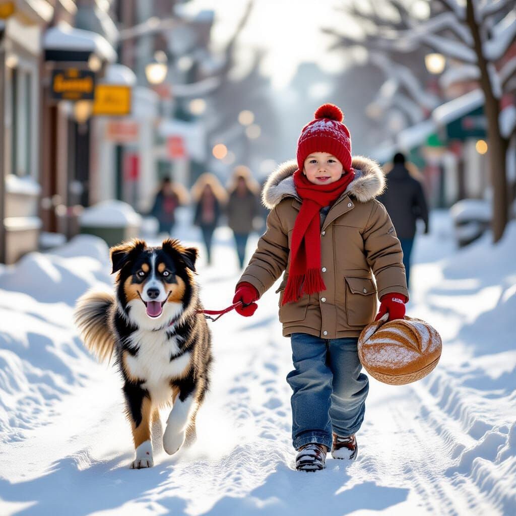 Boy and Dog in Snowy Street, Candid Winter Scene