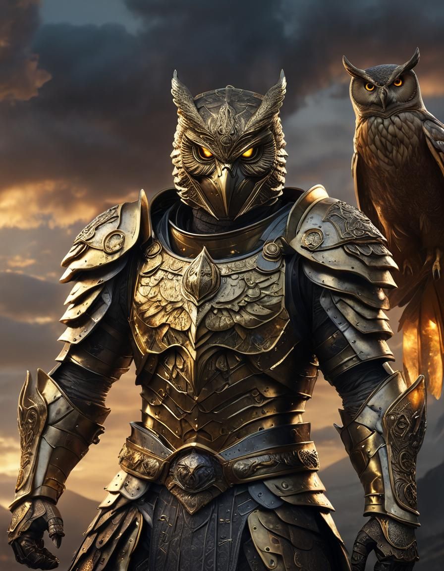 Golden Armored Owl Warrior in Mystical Sunset