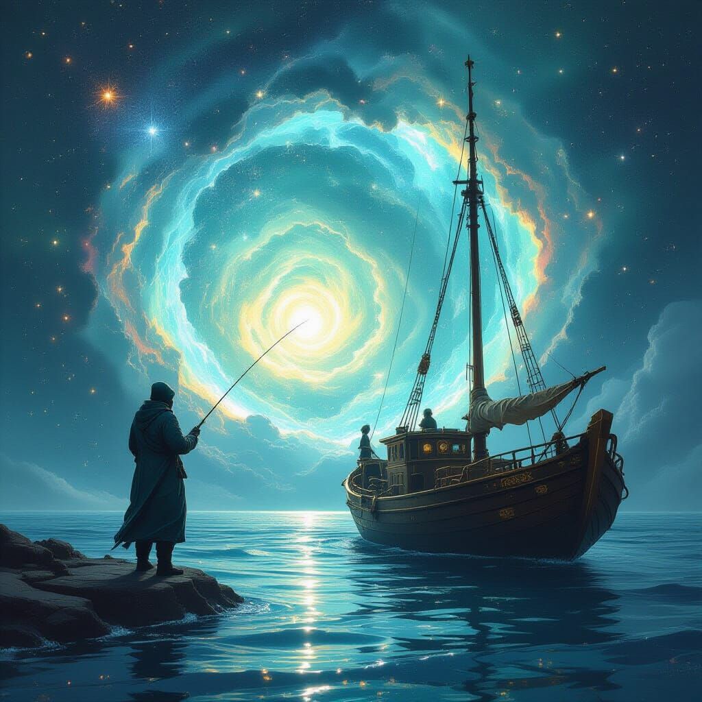 Cosmic Fisherman Casting Line into Nebula Steampunk Boat