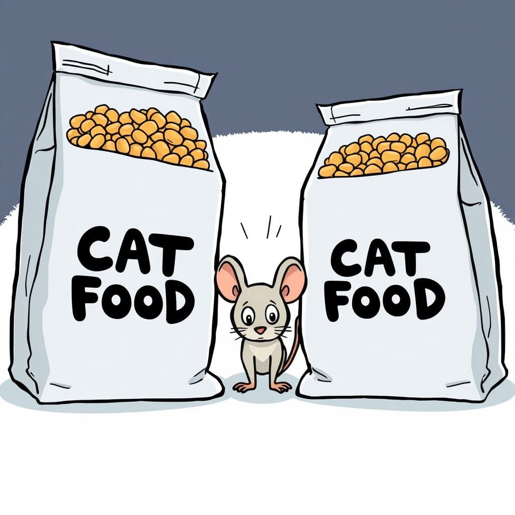 Cartoon Mouse Hiding Between Cat Food Bags